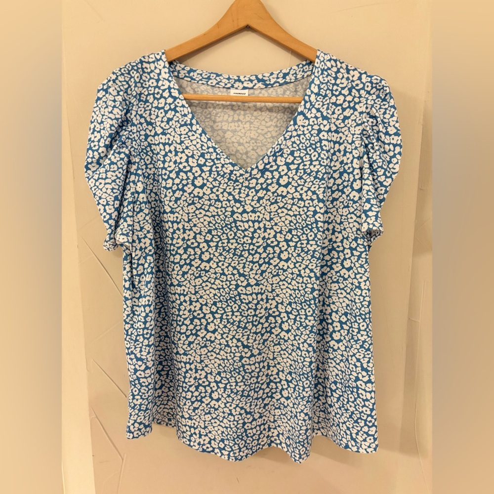 Blue & White V-Neck Women's Top - Floral Print